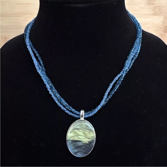 Kenneth Cole multi strand blue bead necklace with watercolor ombre pendant - Picture 1 of 7